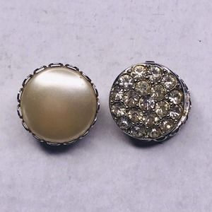 VTG Sarah Covington Clip On Earrings 2 Sided Rhinestones Faux Pearl Button Round